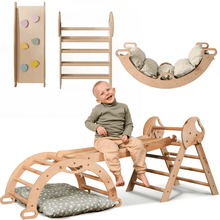 Load image into Gallery viewer, 4in1 Montessori Climbing Set: Pikler Triangle, Arch, Slide Board, and Cushion for Toddlers (1–3 Years)