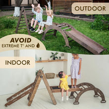 Load image into Gallery viewer, 5in1 Montessori Climbing Set: Triangle Ladder, Climbing Arch, Slide, Net &amp; Cushion – Chocolate