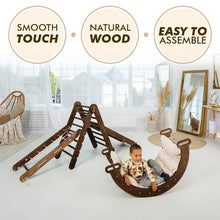 Load image into Gallery viewer, 5in1 Montessori Climbing Set: Triangle Ladder, Climbing Arch, Slide, Net &amp; Cushion – Chocolate