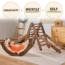 Load image into Gallery viewer, 5in1 Montessori Climbing Set: Triangle Ladder, Climbing Arch, Slide, Net &amp; Cushion – Chocolate