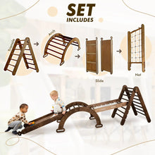 Load image into Gallery viewer, 5in1 Montessori Climbing Set: Triangle Ladder, Climbing Arch, Slide, Net &amp; Cushion – Chocolate