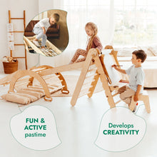 Load image into Gallery viewer, 6in1 Montessori Climbing Set: Triangle Ladder + Arch/Rocker + Slide/Ramp + Net + Cushion + Art Addition