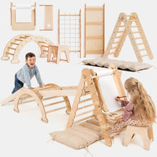 Load image into Gallery viewer, 6in1 Montessori Climbing Set: Triangle Ladder + Arch/Rocker + Slide/Ramp + Net + Cushion + Art Addition