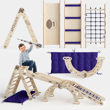 Load image into Gallery viewer, Apollo 5in1 Climbing Set:  Pikler Triangle, Net, Arch, Slide Board, and Cushion for Little Astronauts