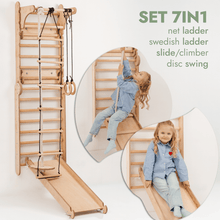 Load image into Gallery viewer, Wooden Swedish Wall / Climbing ladder for Children + Swing Set + Slide Board + Art Add-on