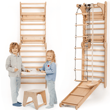 Load image into Gallery viewer, Wooden Swedish Wall / Climbing ladder for Children + Swing Set + Slide Board + Art Add-on
