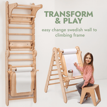 Load image into Gallery viewer, Wooden Swedish Wall / Climbing ladder for Children + Swing Set + Slide Board + Art Add-on